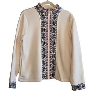 LL Bean Women's Nordic Fair Isle Snowflake Floral Fleece Full Zip Sweater Sz L